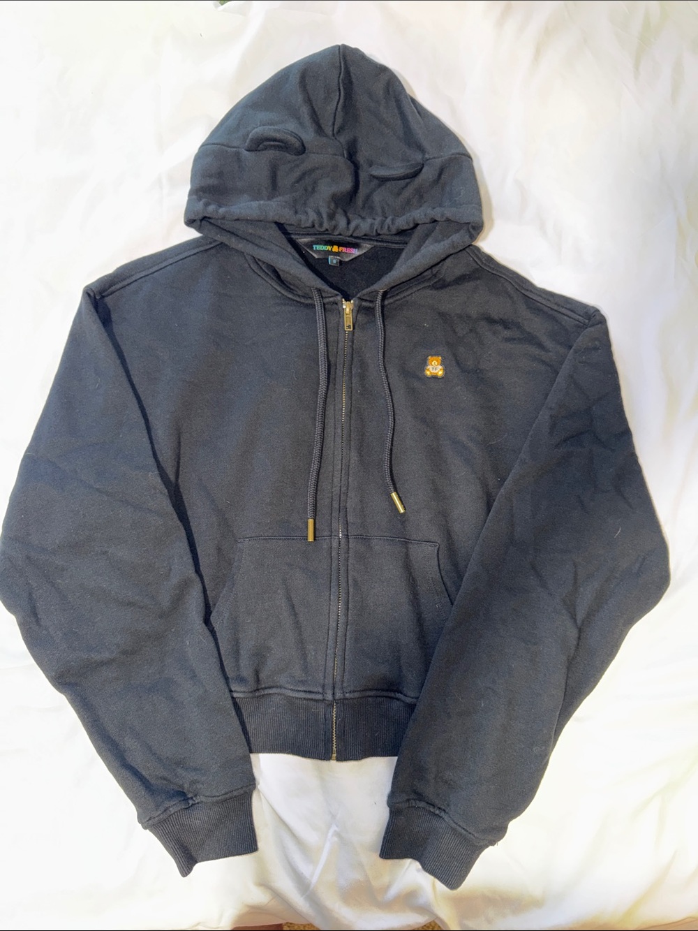 Teddy Fresh Black Bear Ears Cropped Hoodie Size Small Like New